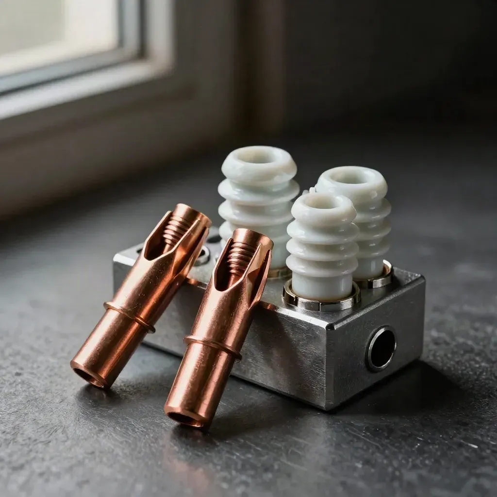 Industrial cable lugs, porcelain insulators and junction block on graphite steel