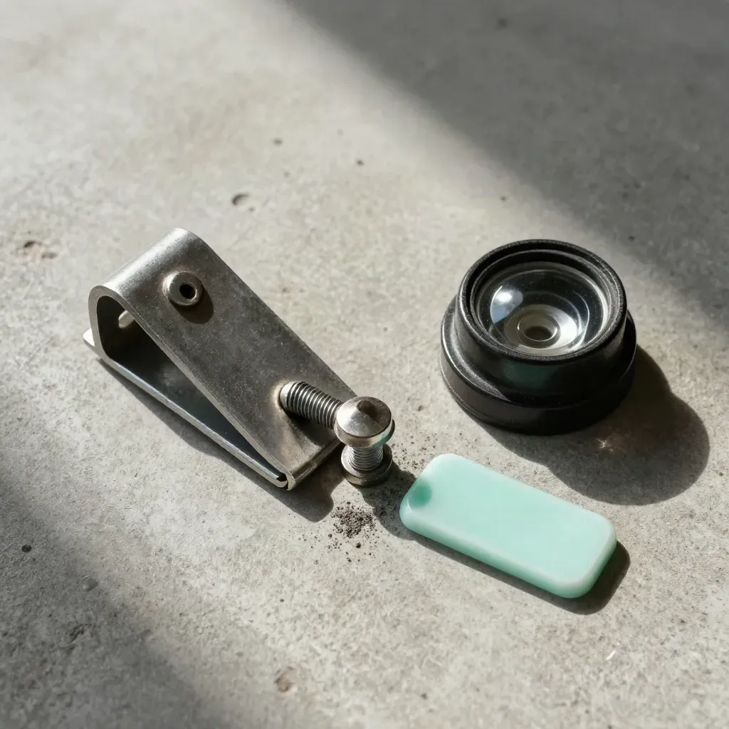 Rail fastening clip, coupling pin and signal lens ring on pale concrete with mint accent.