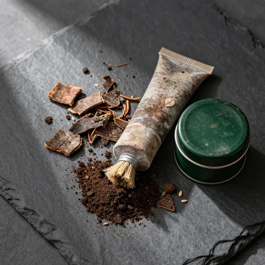 Top-down soil core tube, seed tin, bark chips and earth dust on matte slate, deep green accent.