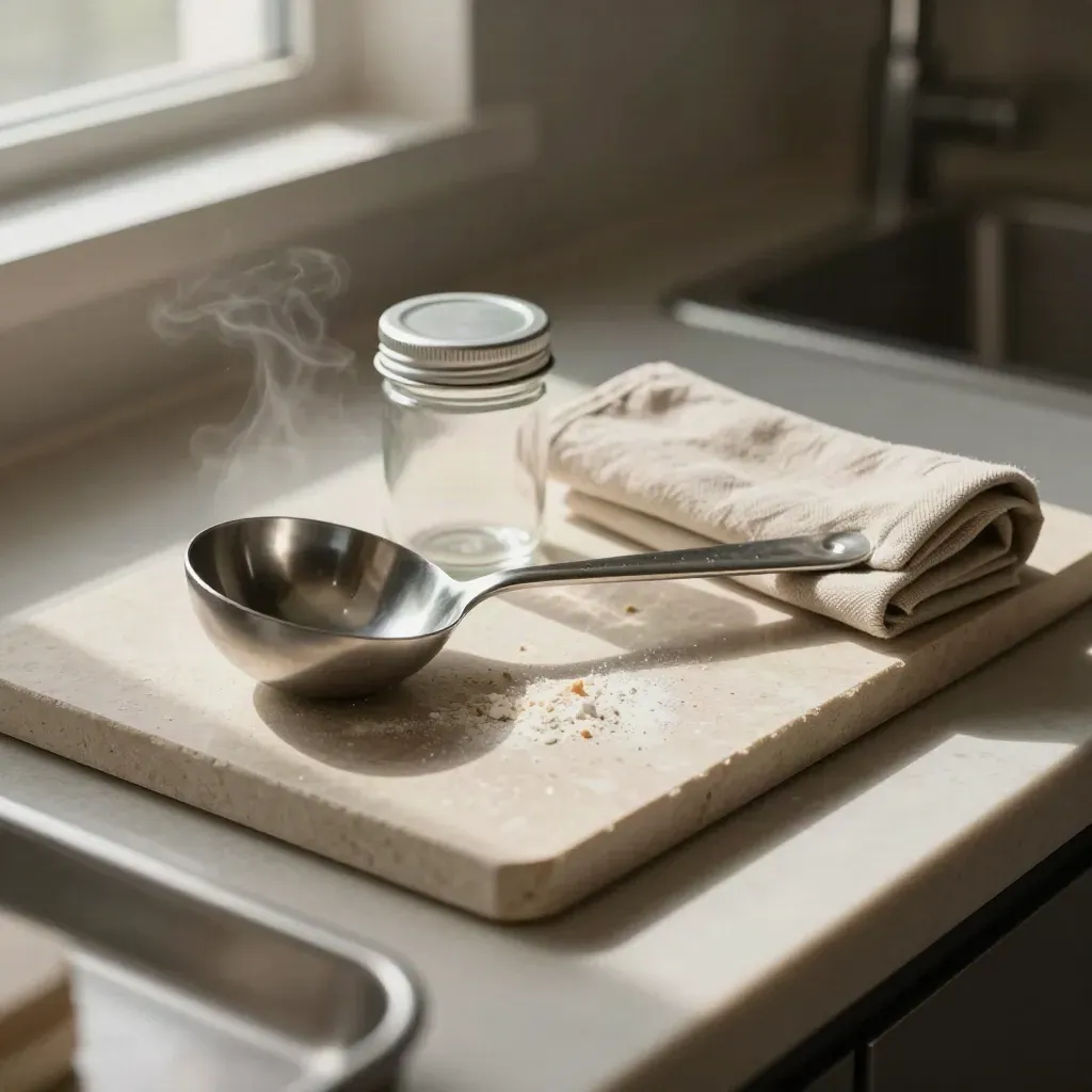 Steel scoop, sample jar and cloth sleeve on stone tray with warm steam