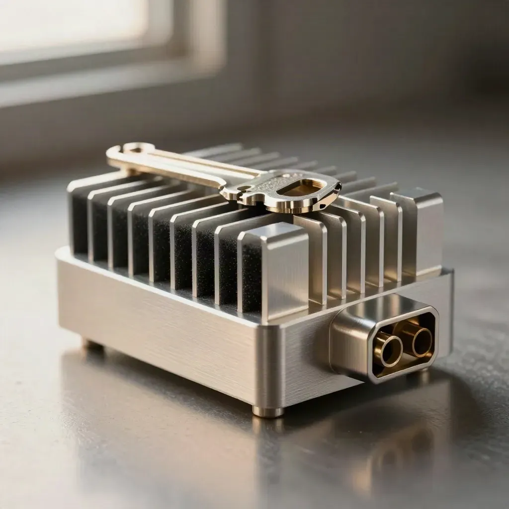 Heat sink, foam insert and connector block on brushed metal in dramatic side light.