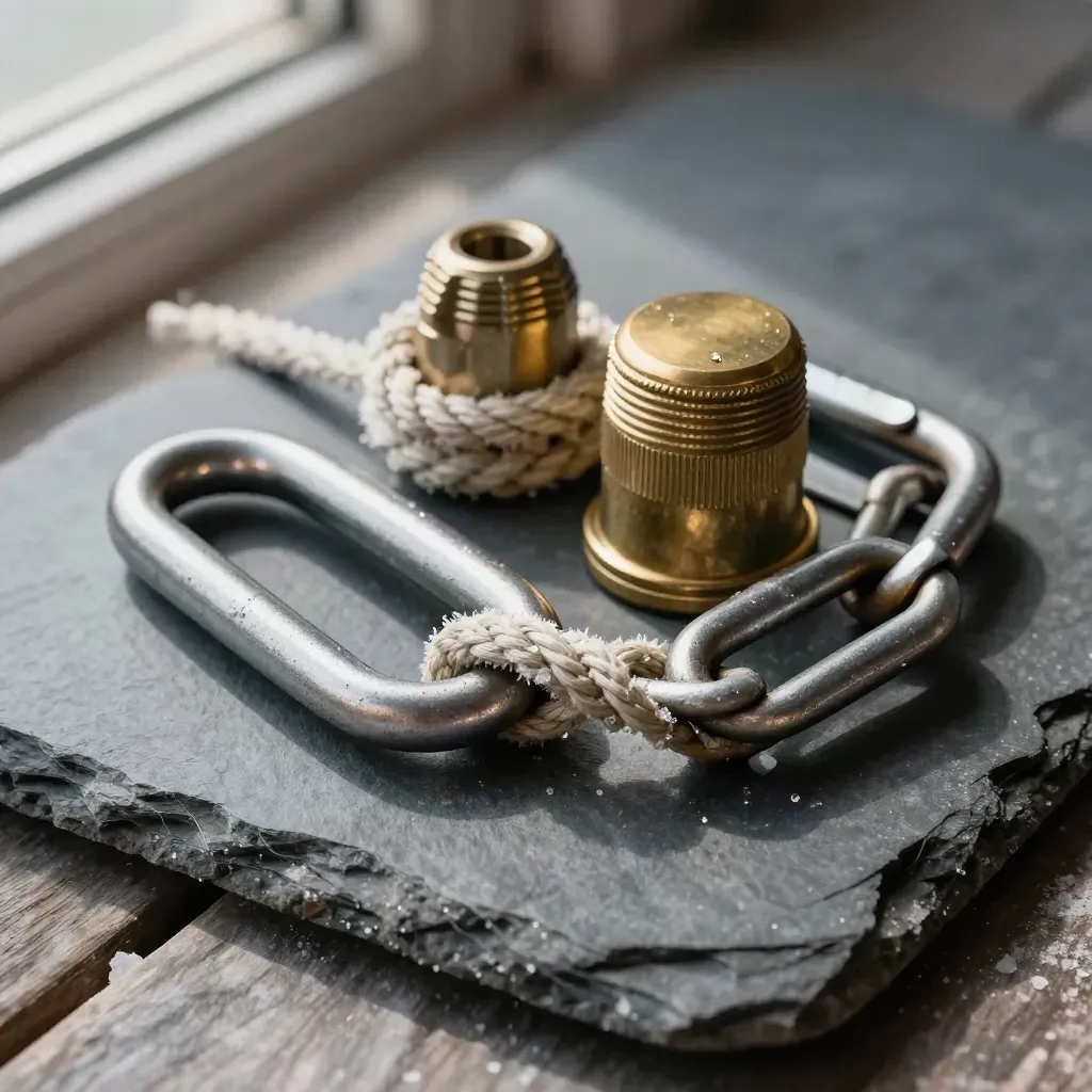 Marine hardware still life with shackle, rope thimble, cleat and chain on cool stone.