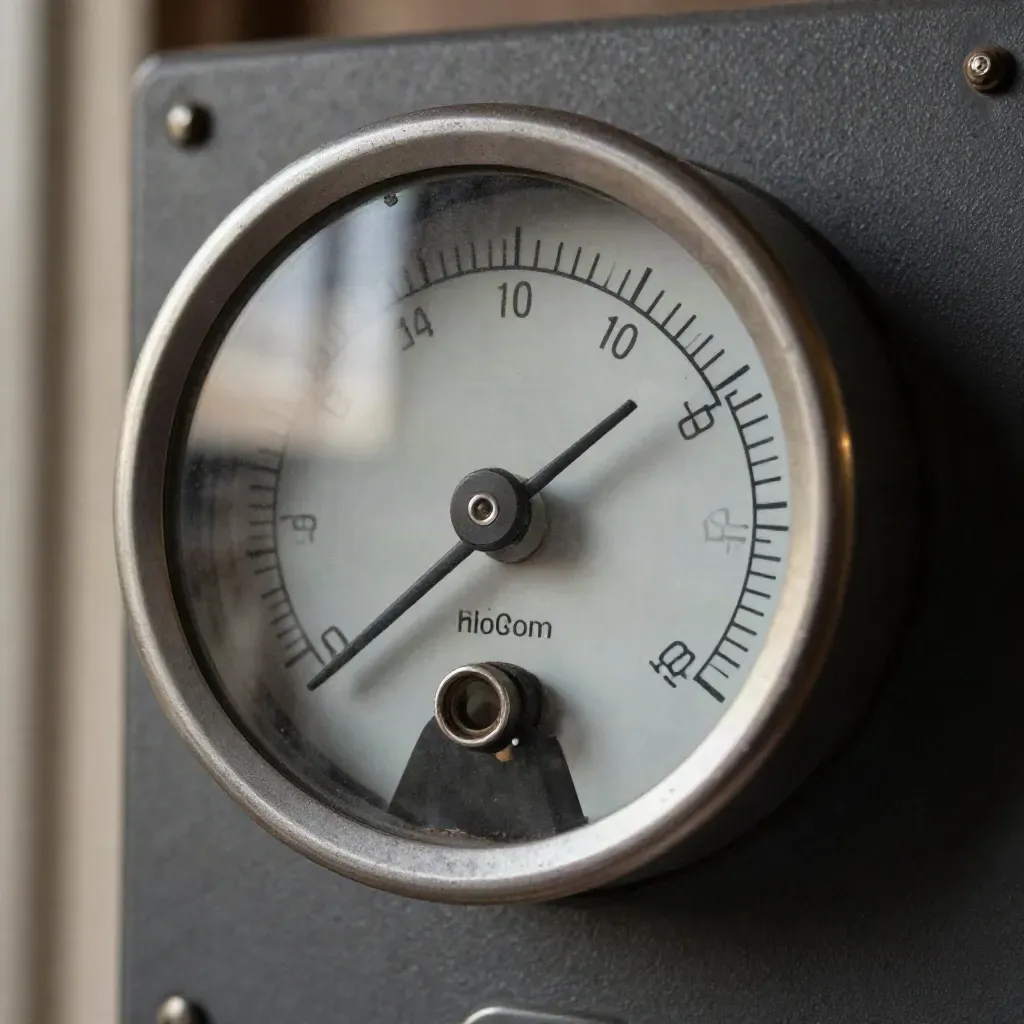 Macro of a utility meter with cable seals, brushed metal bezel, and needle just off zero.