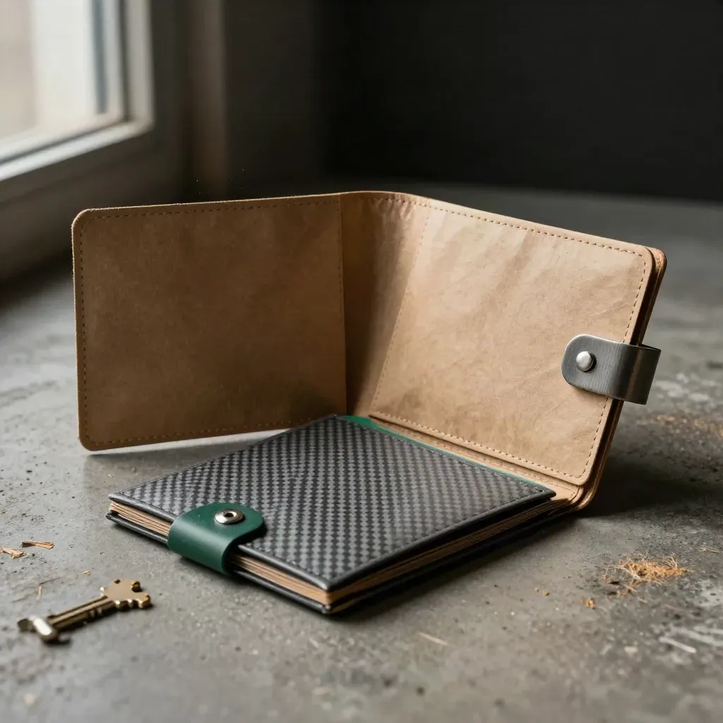 Manila sample wallets, steel clip and carbon-copy sleeve on concrete under dramatic studio light.