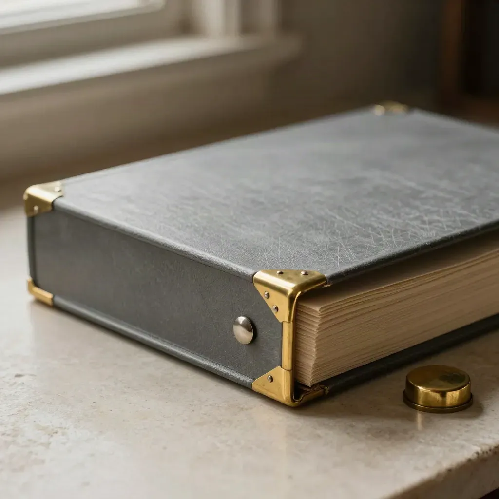 Archival folio with brass corners and a metal fastener on pale stone, lit from upper left.