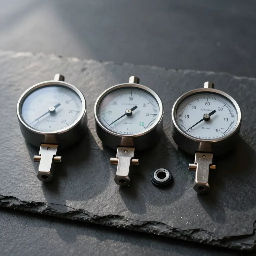 Three industrial gauges in a tight row on charcoal slate with soft daylight and mint accents