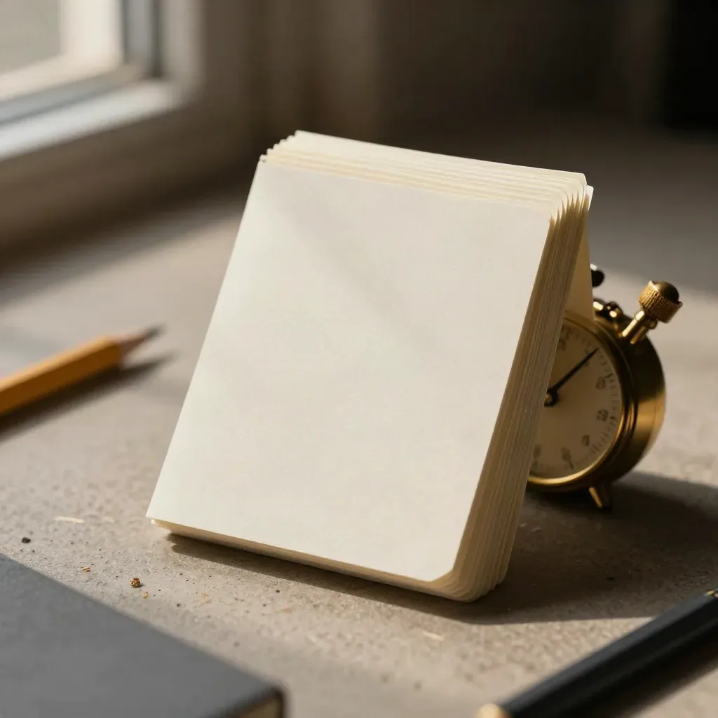 Blank planning cards beside brass timer and pencil stub on stone, macro still life