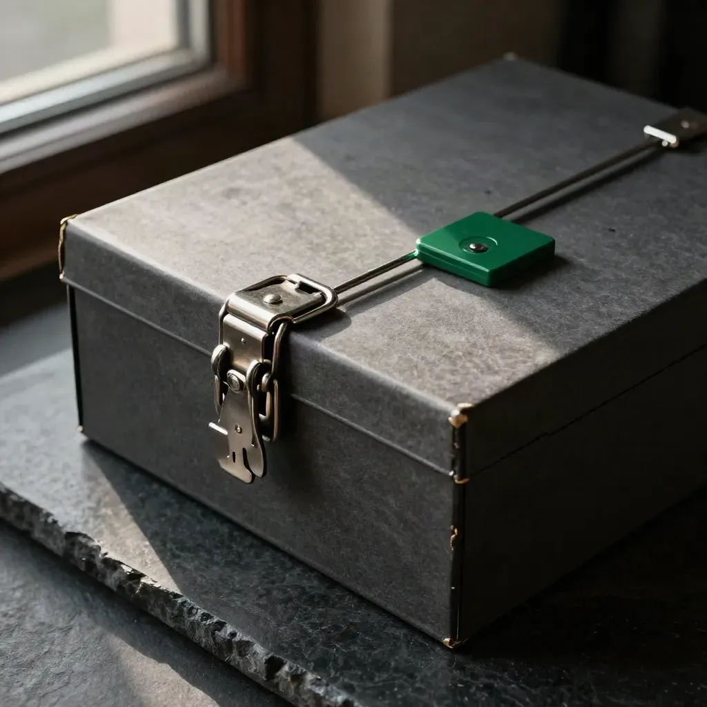 Top-down archive boxes sealed with a metal clasp beside a file rail on dark stone.