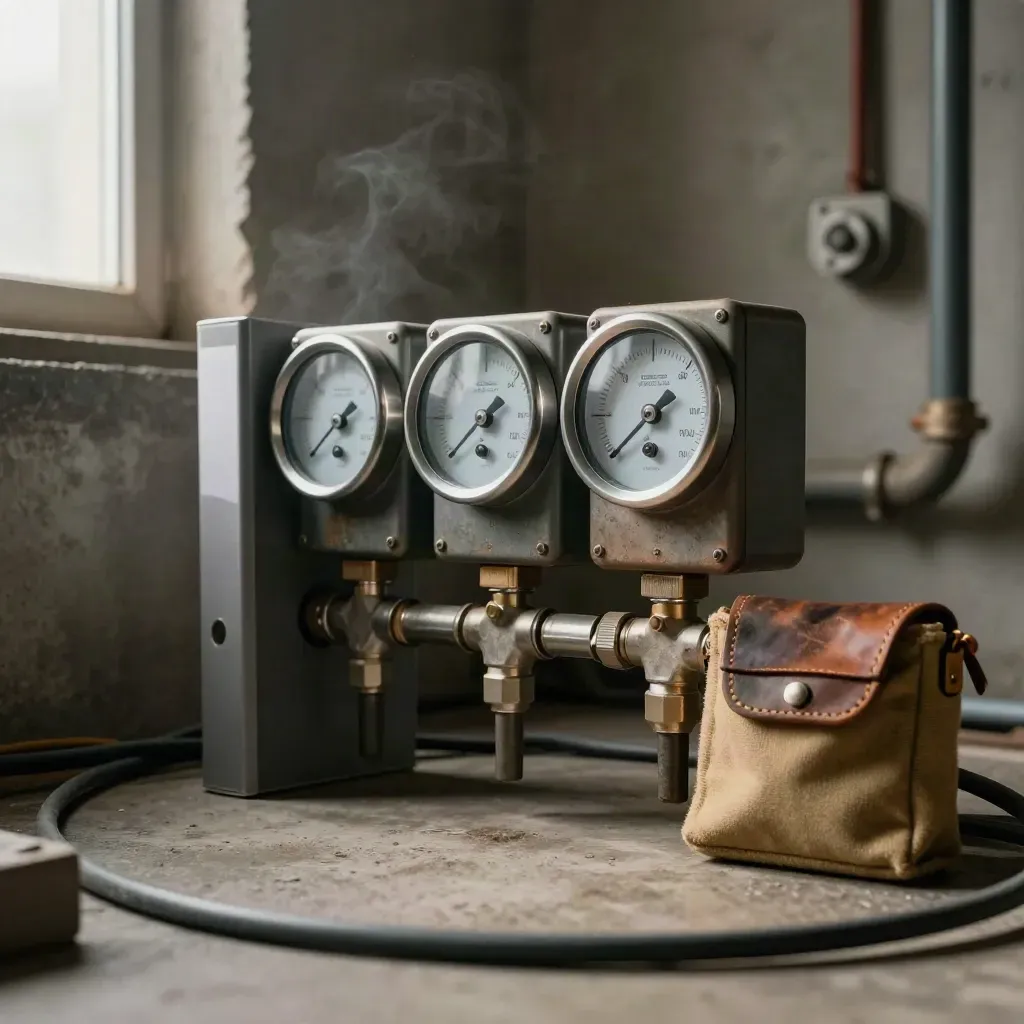 Plant-room meters, a blank binder spine and inspection pouch framed through a blurred cable