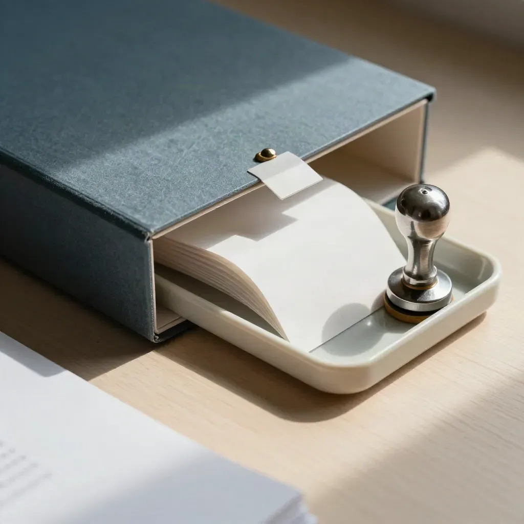 Lever-arch file, receipt tray and metal stamp on pale wood, shot from above
