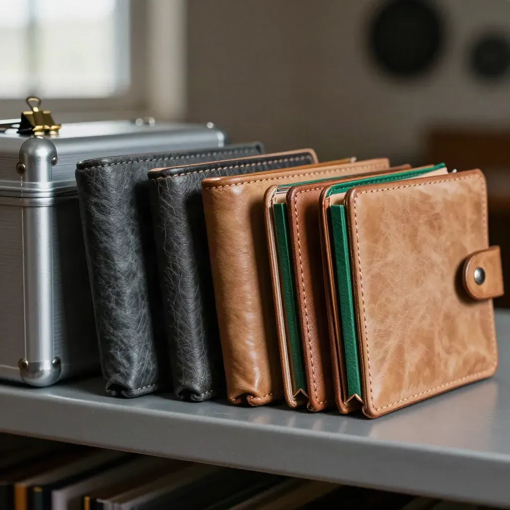 Archive wallets and folder case on brushed metal with deep green accents