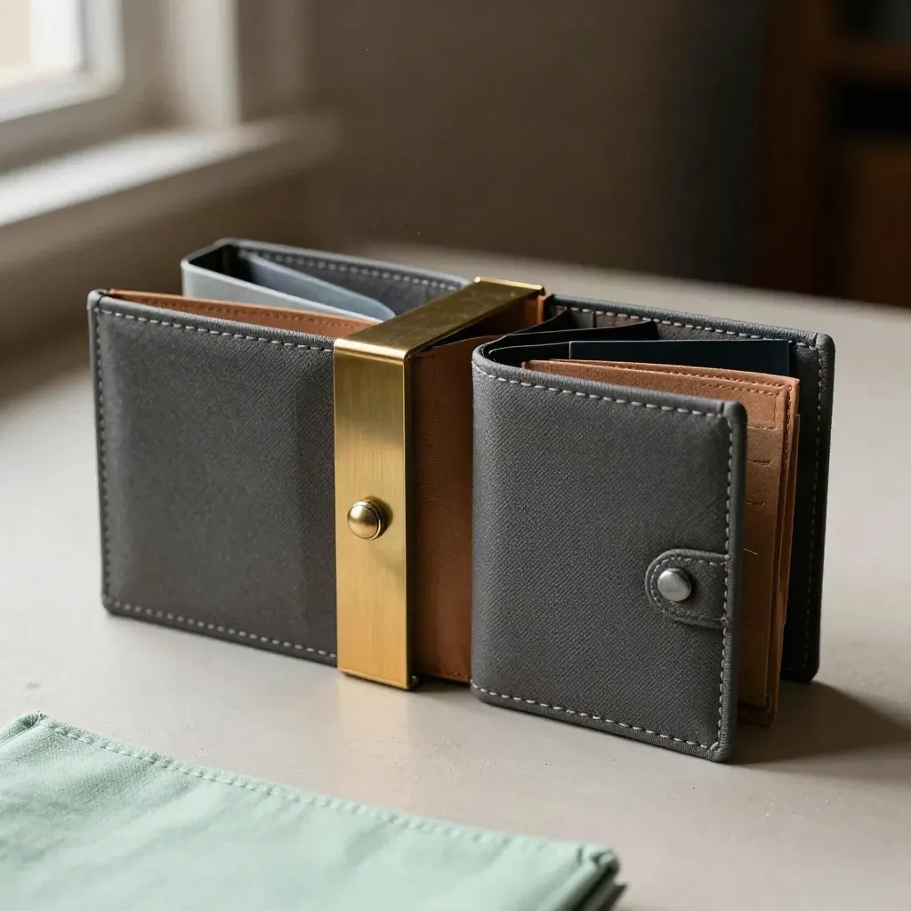 Three archive wallets with brass divider and seal on a pale matte surface, lit from upper left.