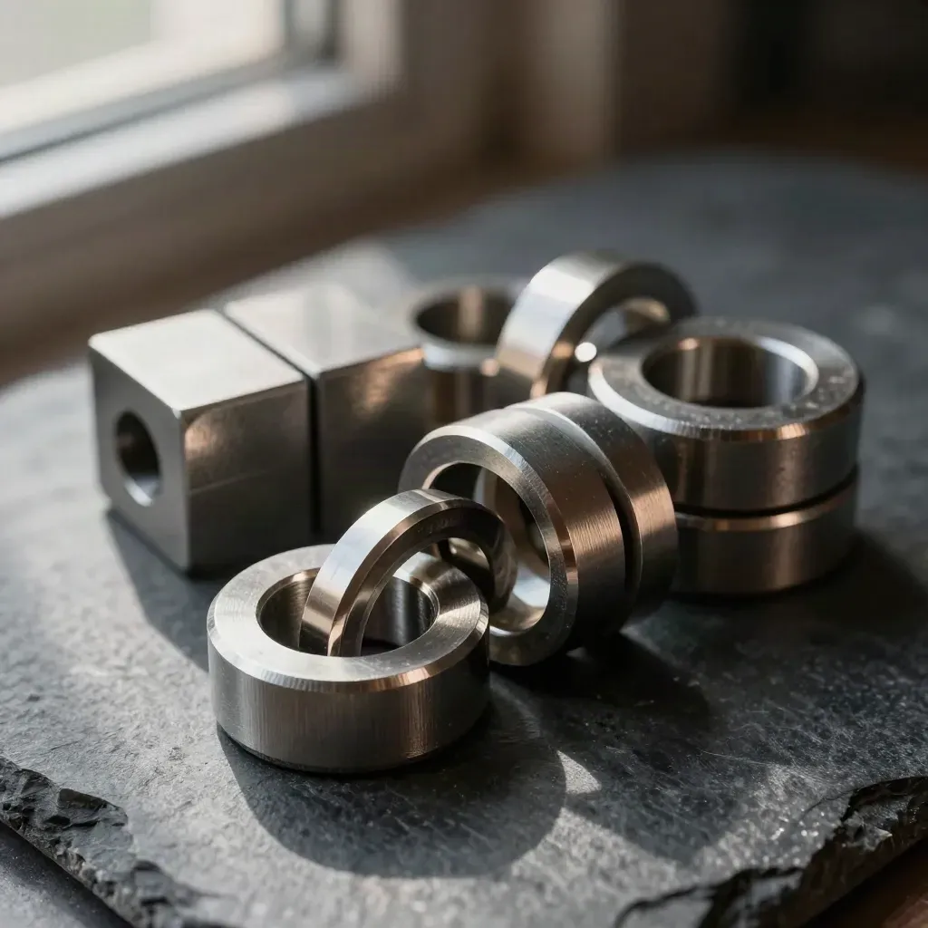 Metal rings and connectors linked on brushed steel in dramatic studio light.