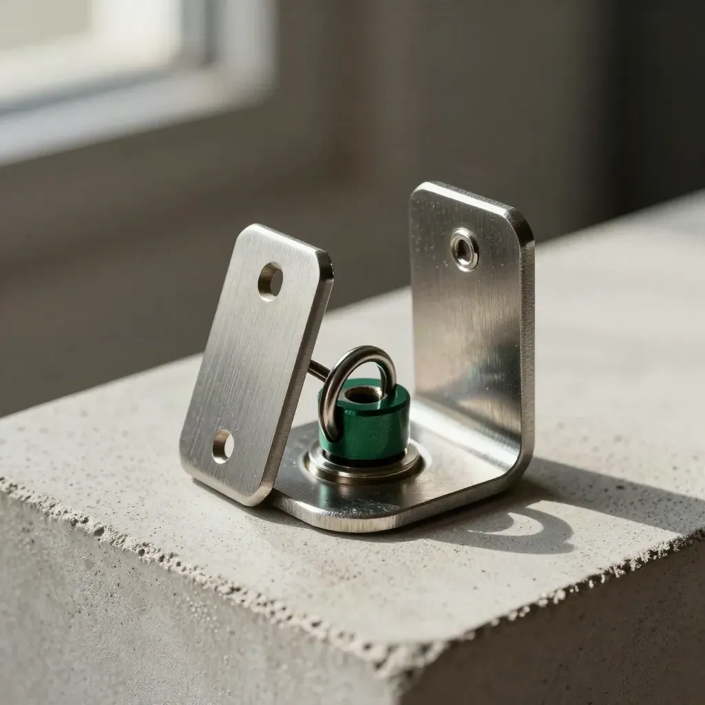 Macro still life of keyed metal brackets and a split-ring fastener on pale concrete.