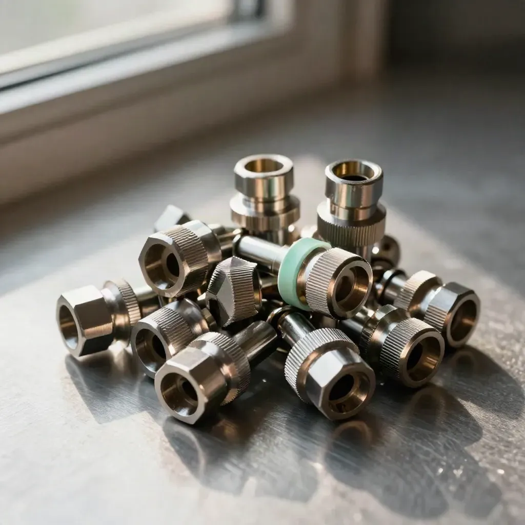 Top-down metal connector cluster on brushed steel with mint accent and cool haze.