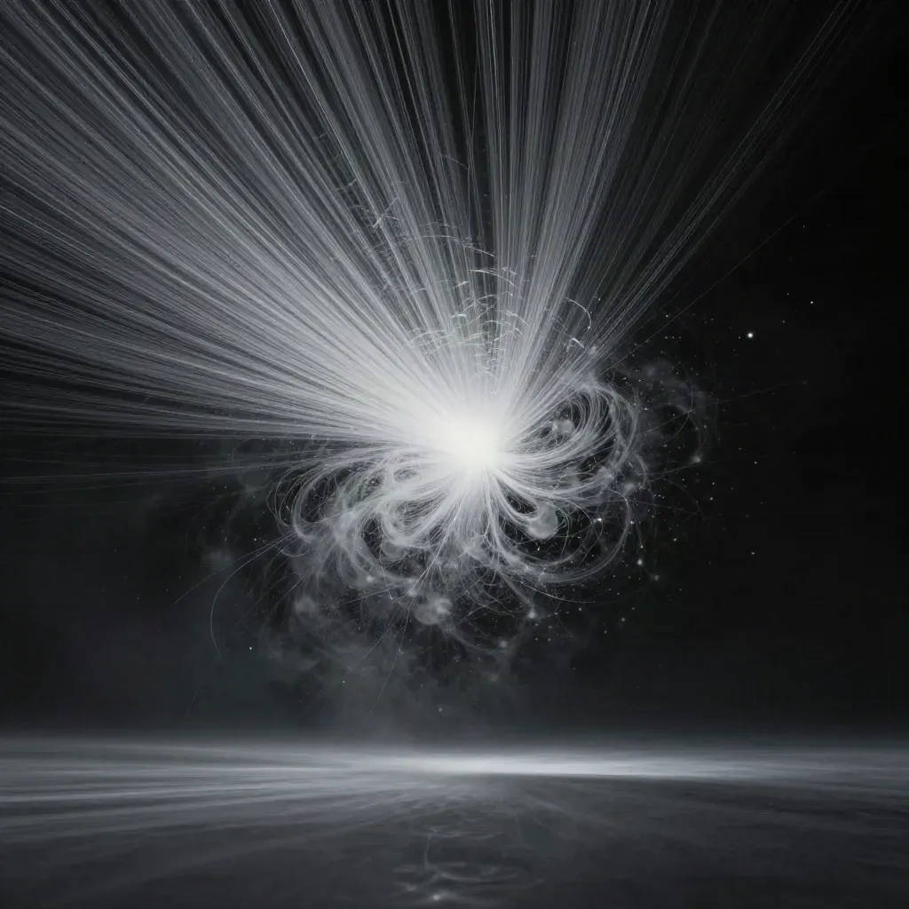 Silver particle streams converge into a soft bloom in graphite haze, with open copy space.